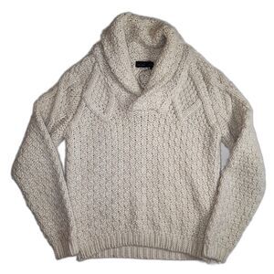 Basic Zara Man Beige Wool Blend Chunky Cable Knit Fisherman Sweater Size M